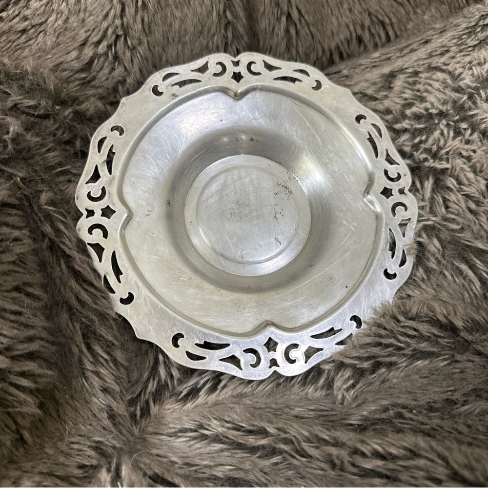Antique silver over copper punched shallow butter dish bowl, Viking plate, Ca.